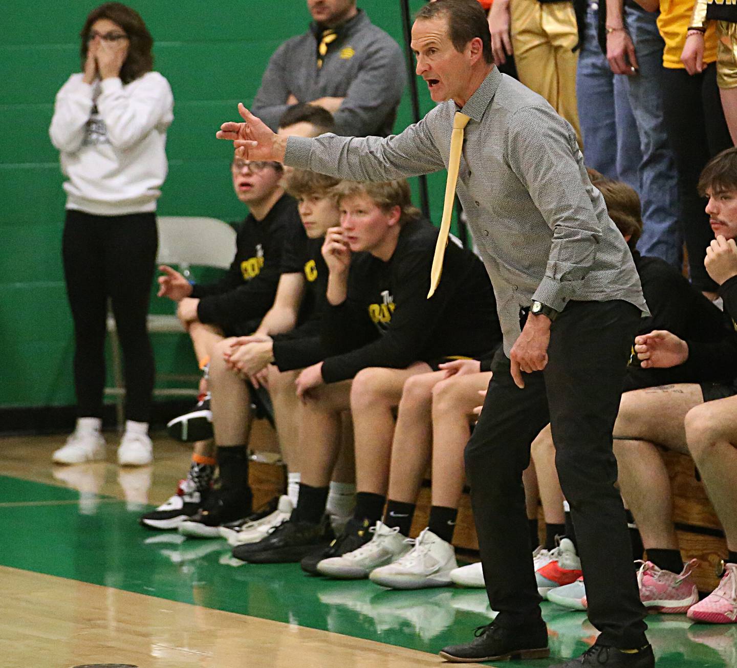 Putnam County head boys basketball coach Harold Fay coaches his team against Serena in the Class 1A Dwight Regional final on Friday, Feb. 24, 2023.