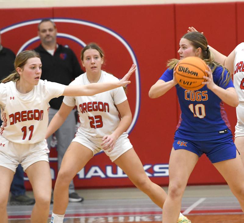 Genoa-Kingston's Arielle Rich looks to pass the ball during a Friday, Jan. 30, 2026 against Genoa-Kingston at the Blackhawk Center.