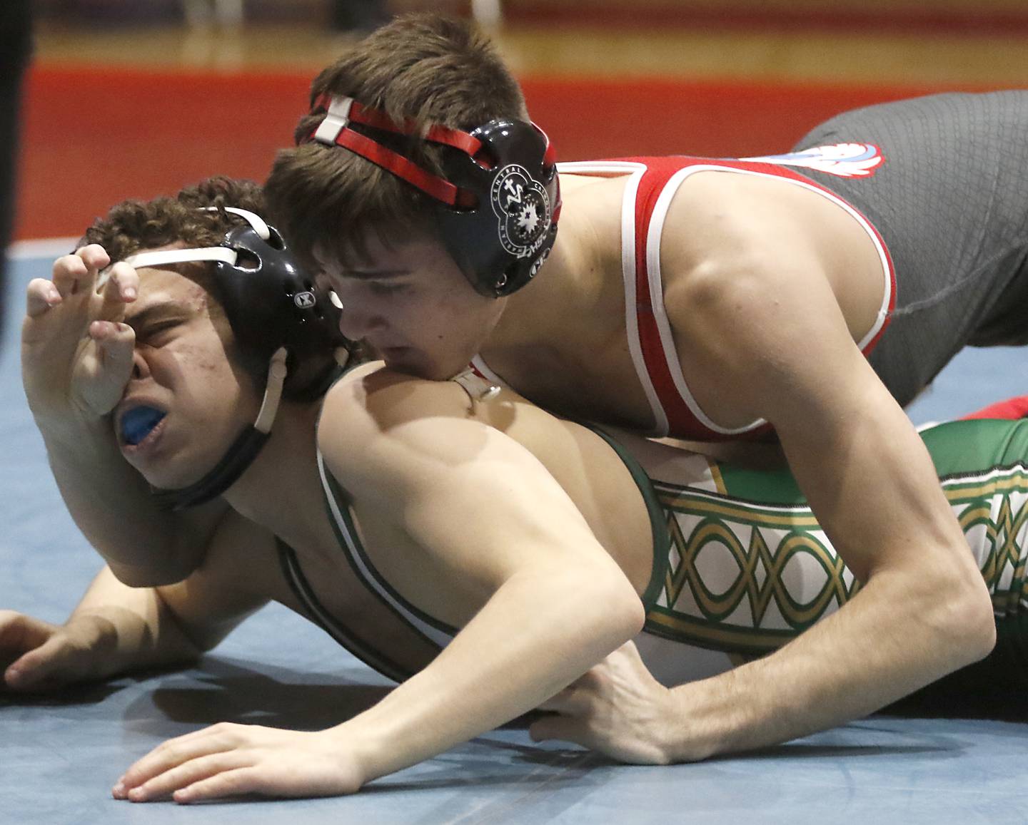 Marian Central's Vance Williams control St. Patrick's Benjamin Kusar in their 132-pound wrestling match Thursday, Jan. 19, 2023, at Marian Central High School in Woodstock.