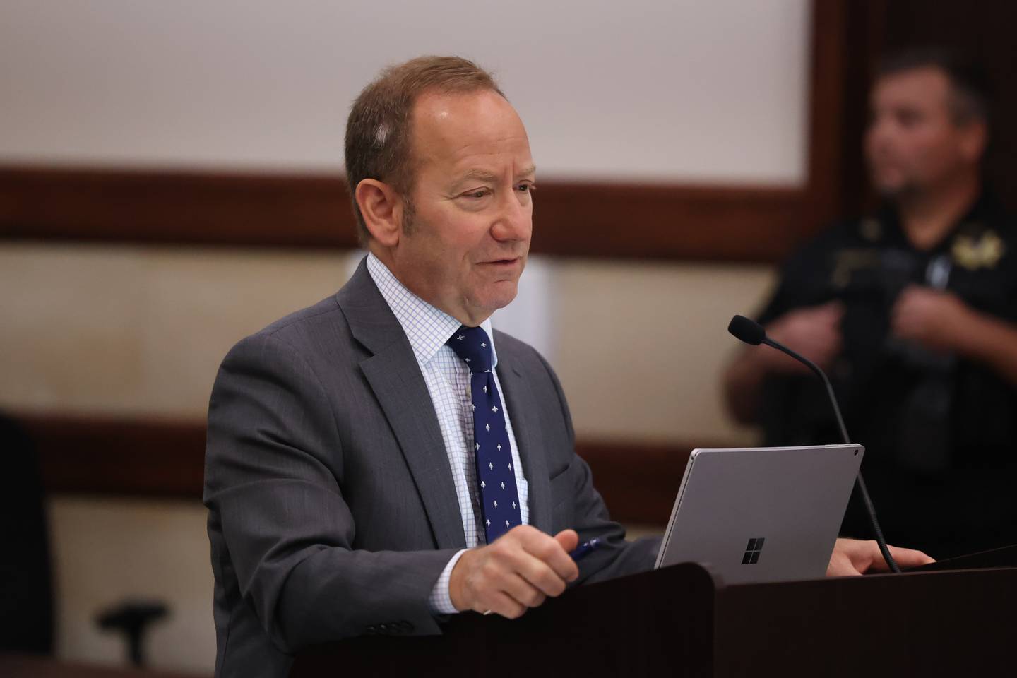 Prosecuting attorney Mark Shlifka during the Javier Esqueda status hearing at the Kendall County Courthouse. Esqueda faces official misconduct charges for leaking video of Eric Lurry’s arrest. Lurry died from a drug overdose. Tuesday, June 14, 2022 in Yorkville.