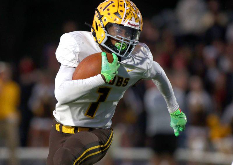 Jacobs’ T.O. Boddie sprints in for a touchdown in varsity football on Friday, Sept. 20, 2024, at Al Bohrer Field on the campus of Cary-Grove High School in Cary.