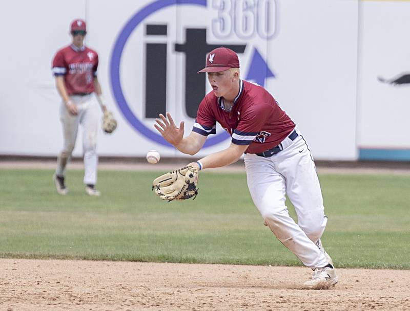 Gibrault’s Jack Keevan picks a ball at short against Henry-Senachwine Saturday, June 3, 2023 during the IHSA class 1A championship baseball game.