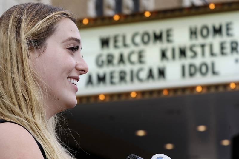 Grace Kinstler, a Crystal Lake Central High School graduate and finalist on "American Idol," speaks to the media on Tuesday, May 18, 2021, in Crystal Lake.
