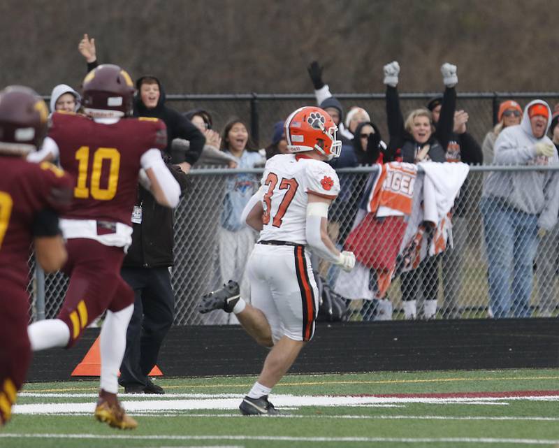 Byron’s Caden Considine runs for a touchdown during an IHSA Class 3A semifinal playoff football game against Richmond-Burton on Saturday, November 22, 2025, at Richmond-Burton High School, in Richmond.