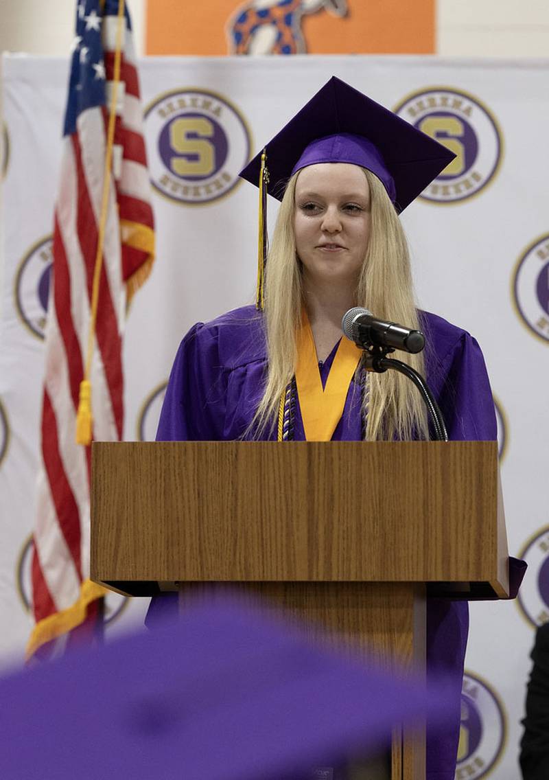 Serena High School Class Salutatorian Delanie Young, delivers a speach during the graduation ceremony on Saturday, May 24, 2025 at Serena High School..