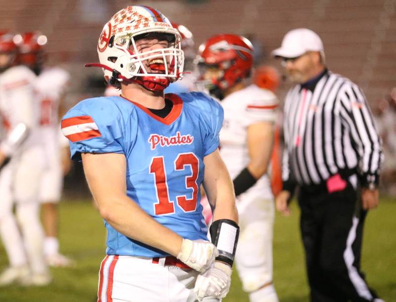 Ottawa's Ethan Poutre reacts after making a sack on Granite City's Dexter McClendon on Friday, Oct. 24, 2025 on Kingman Field at Ottawa High School.