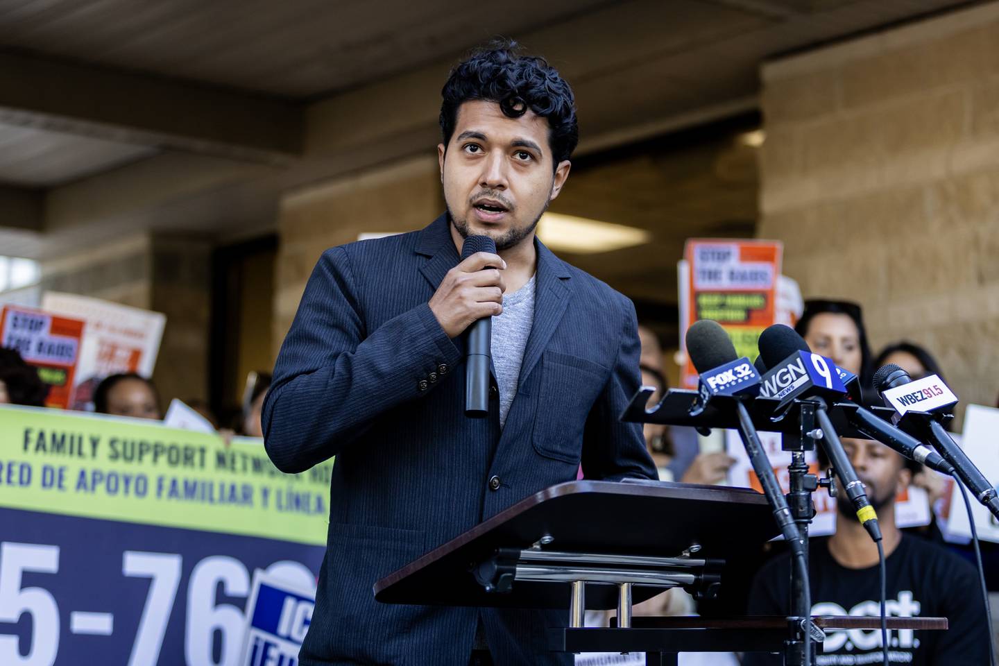 Joliet Township Supervisor Cesar Guerrero speaks during a press conference held to uplift immigrant families and denounce the presence of the Texas National Guard in Will County at Azteca de Oro in Joliet on Oct. 8, 2025.