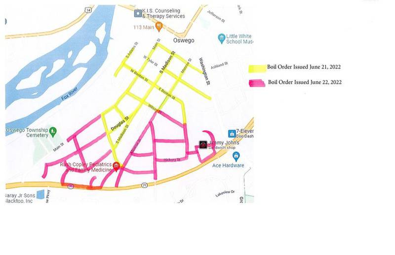 Oswego streets shown in pink are affected by a boil water order issued by the village Wednesday, June 22.