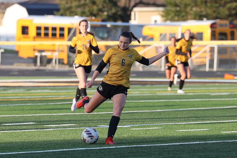 Herscher's Gianna High sends a pass forward during the Tigers' 3-2 victory over Bradley-Bourbonnais on Tuesday, April 15, 2025.