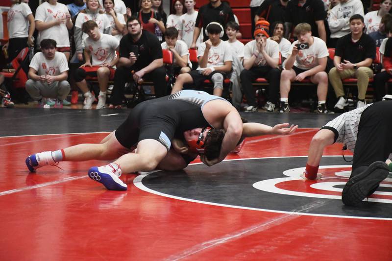 Kankakee's Jacob Vinardi keeps Bradley-Bourbonnais' Shawn Lee on the ground during the All-City wrestling meet on Wednesday, Dec. 3, 2025.