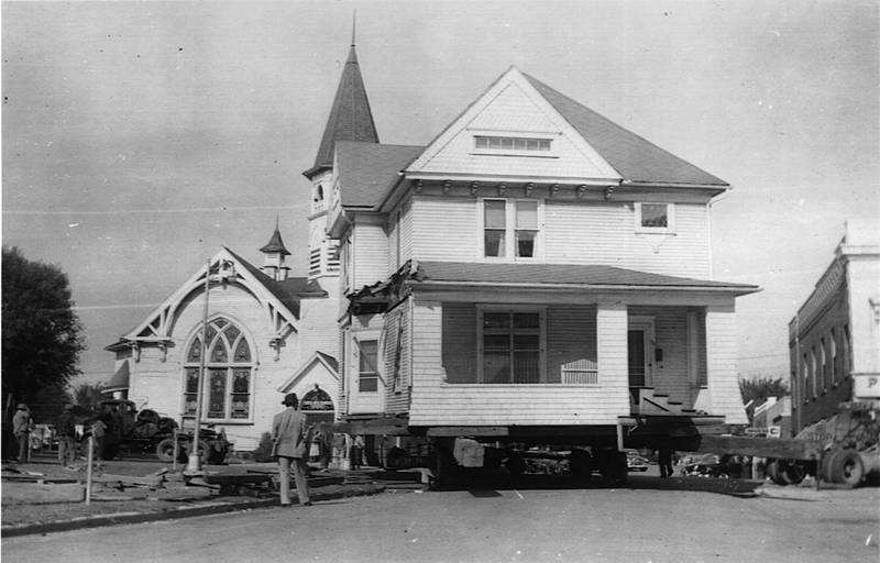 The Methodist-Episcopal Church parsonage that stood in downtown Crystal Lake was moved in 1954. The church was demolished.