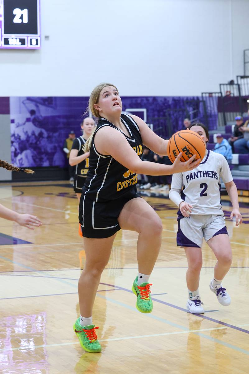 Reed-Custer's Harlie Liebermann approaches for a layup during Reed-Custer's 45-42 victory over Manteno on Monday, Feb. 2, 2026.