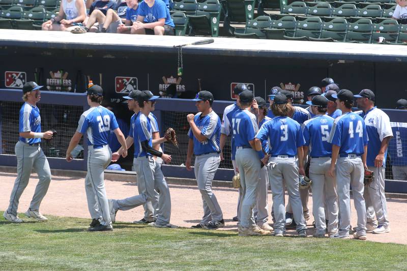Members of the Newman baseball team meet between innings during the Class 1A State semifinal game on Friday, June 2, 2023 at Dozer Park in Peoria.