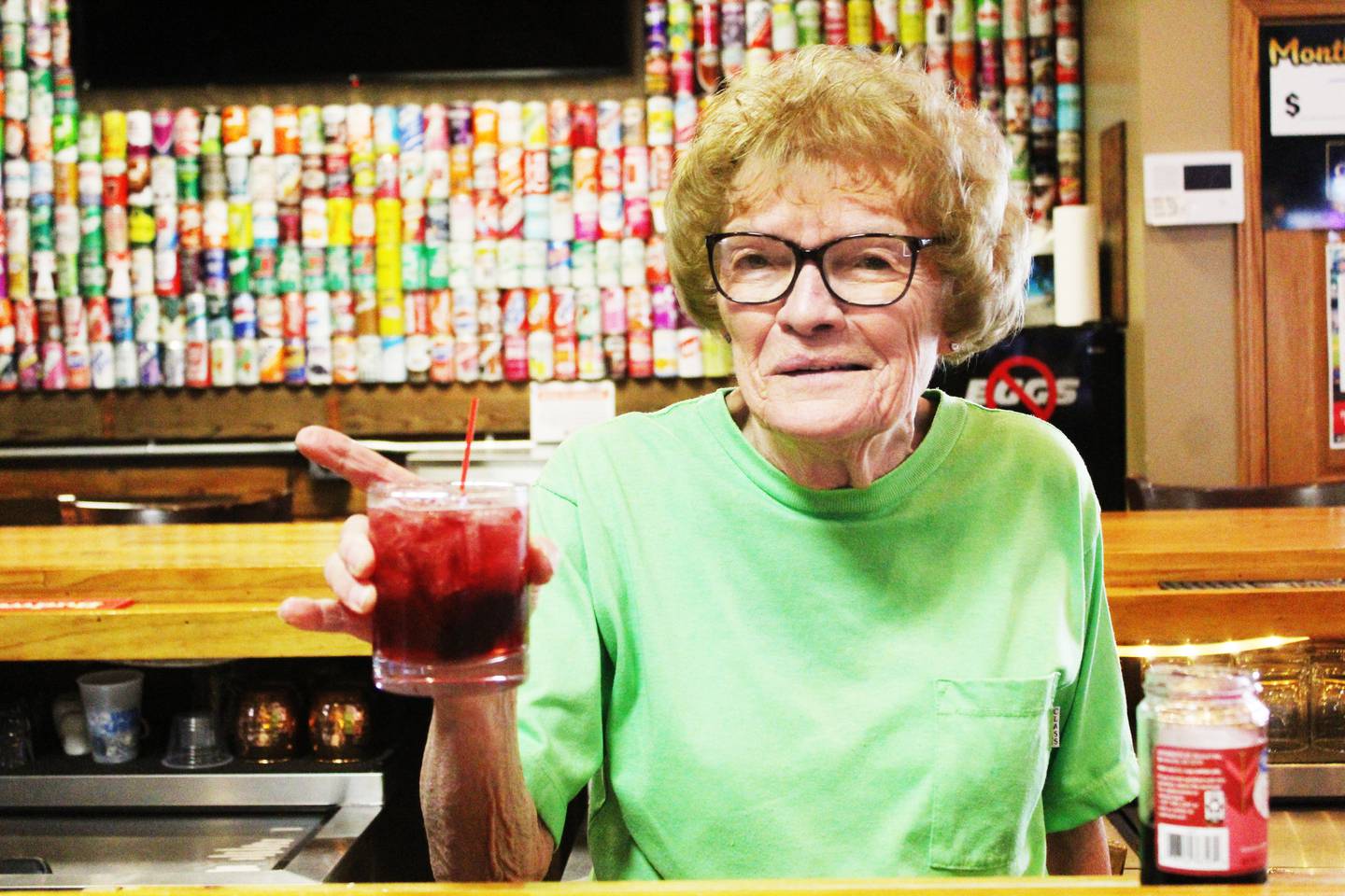 The "Filthy Marilyn," named after Wally's Playce bar manager Marilyn Long, consists of a strong concoction of lemon juice, 7up, Seagram's 7, dark cherry cocktail juice and a cherry.
