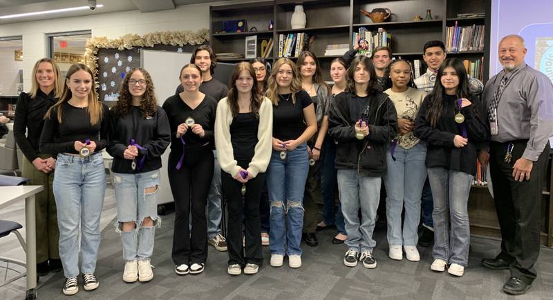 Pictured from left are Associate Superintendent Dr. Tracy Thurwanger; Class of 2024 Plano High School Illinois State Scholars Norah Andrade, Liliana Vazquez, Emily Santolin, Ryan Wells, Lainey Lemke, Lilia Ochoa, Leslie Juarez, Alexandra Lemke, Stephanie Altamirano, Lucas Barth, Lucas Fontanez, Sanyi Burrell, Jacob Bustos, Maria Ayala; Plano High School Principal Jim Seput. Not pictured, Emily Hoover, Caleb Lopez, Wotan Miller and Angela Smithey.