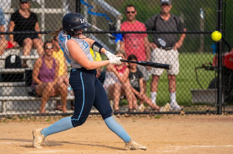 Lake Park's Brynn Sheedy (00) singles against St. Charles North during a softball game at St. Charles North High School on Wednesday, May 11, 2022.