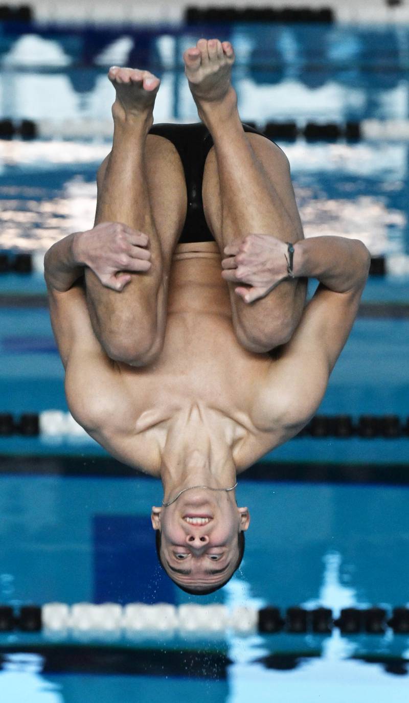 St. Charles East’s Jake Scalise dives during the boys state swimming and diving finals at FMC Natatorium on Saturday, Feb. 24, 2024 in Westmont.