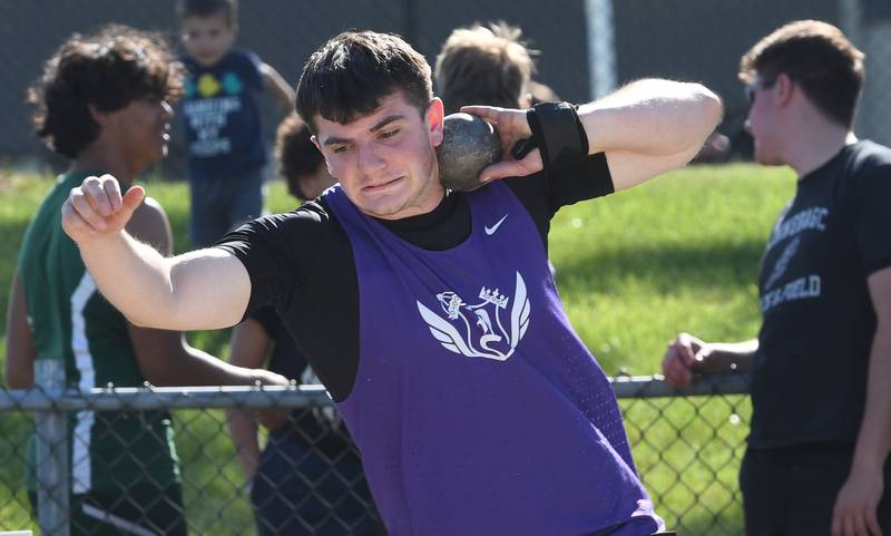 Dixon's Max Kitzman winds up to throw the shot at the Big Northern Conference Meet at Stillman Valley on Thursday, May 14, 2026.