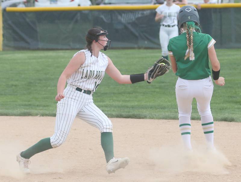 St. Bede's Morgan Mercer misses a tag on Seneca's Graysen Provance at second base on Monday, May 12, 2025 at St. Bede Academy.