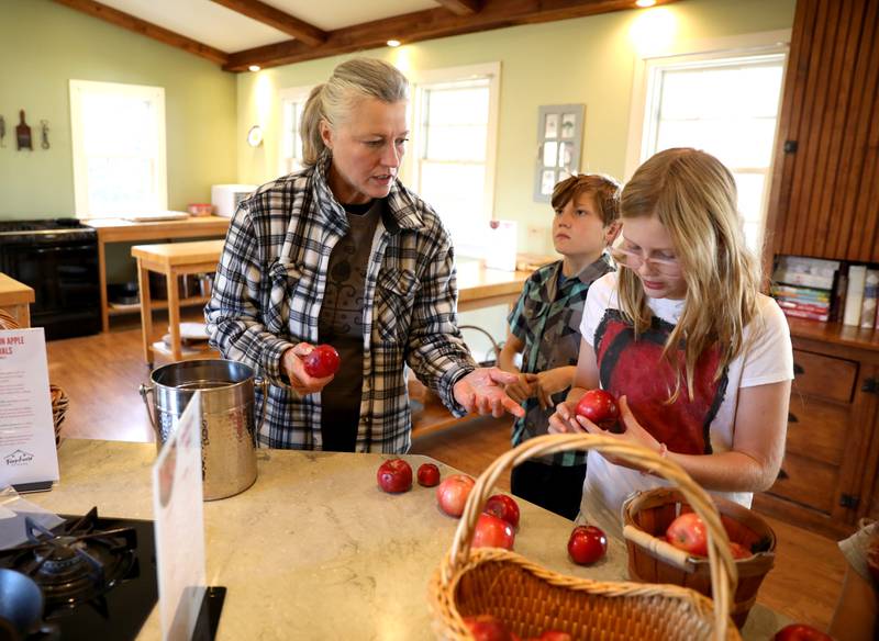 Leslie Meredith, owner of the Farmhouse School, chooses apples with The Learning Door students Bentley Hale, 8, and Maycee Hale, 9, during a Fun Friday at the Farmhouse School in Campton Hills.