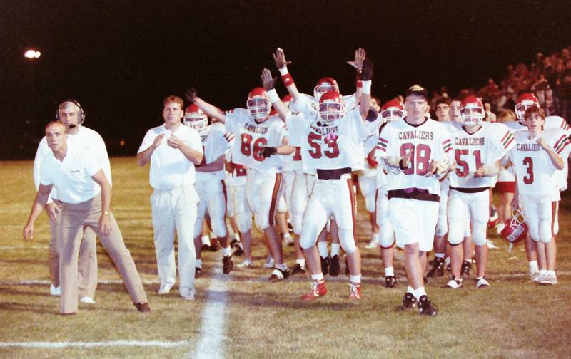 Members of the 1992 La Salle-Peru football team celebrate after scoring a second-quarter touchdown against Ottawa on Friday, Oct. 23, 1992 at King Field in Ottawa.