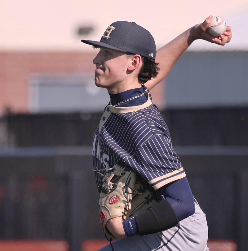 Hiawatha's Colby Wylde delivers a pitch during their game against South Beloit Thursday, April 16, 2026, at Northern Illinois University in DeKalb.