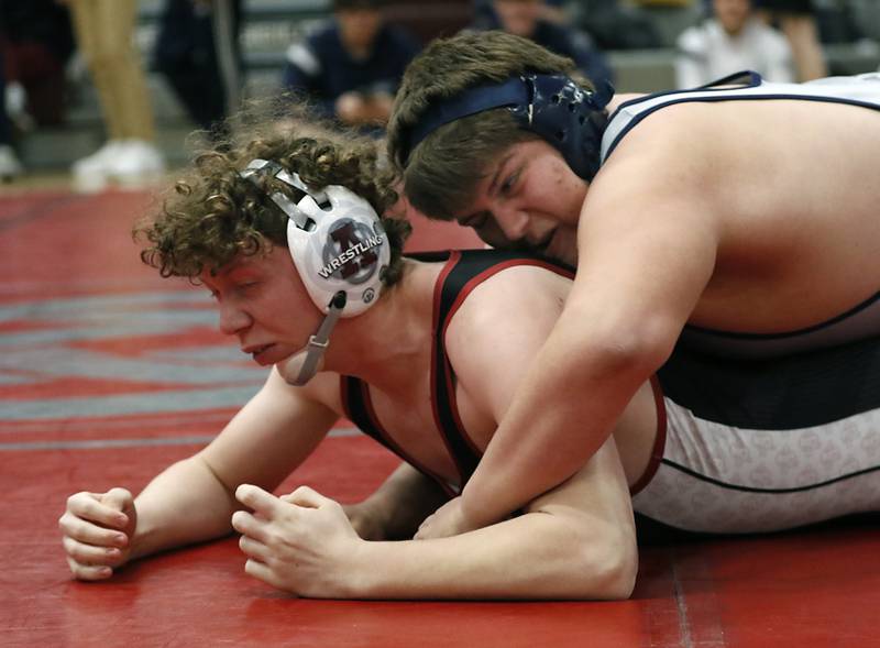 Cary-Grove’s Lucas Burton controls Antioch’s Braden Vermuelen in a 285-pound semifinal match of the IHSA 2A Antioch Wrestling Regional on Saturday, Feb. 8, 2025, at Antioch High School.
