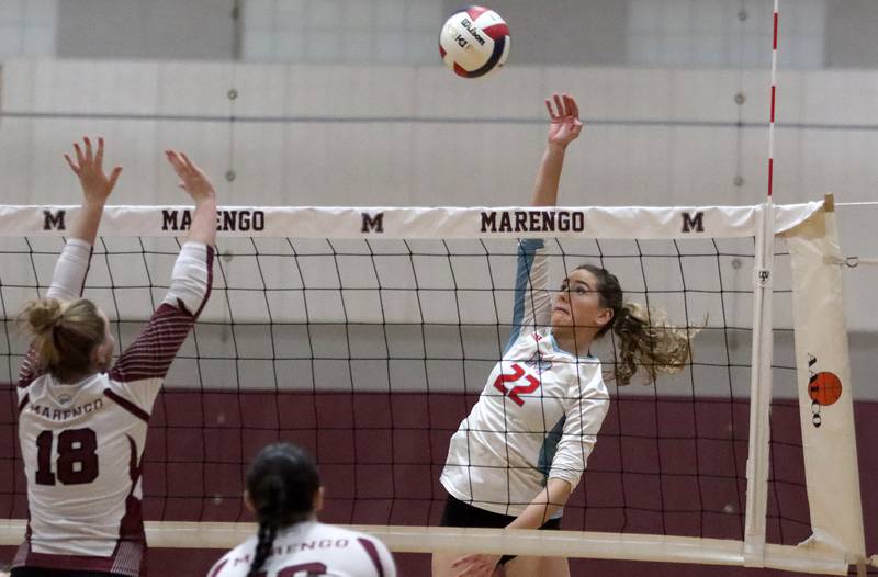 Marian Central’s Hadley Rogge hits the ball in IHSA Class 2A  Regional volleyball action on Monday, Oct. 28, 2024, at  Marengo High School  in Marengo.