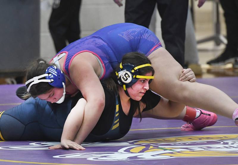 Sterlling's Arianna Tamayo (bottom) tries to escape from Belvidere's Savannah Trevino during their third place match at 235 pounds at the Belvidere Regional on Saturday, Feb. 7, 2026.