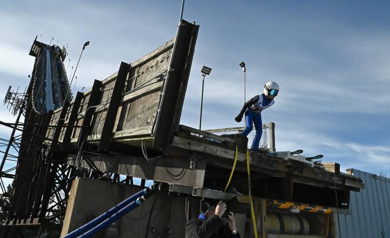 Caleb Seegers, 14, an eighth-grader from Fox River Groves exits the ramp at the Norge Ski Jump 121st Annual Winter Tournament on Feb. 1, 2026 at the Norge Ski Club, 100 Ski Hill Road, Fox River Grove.