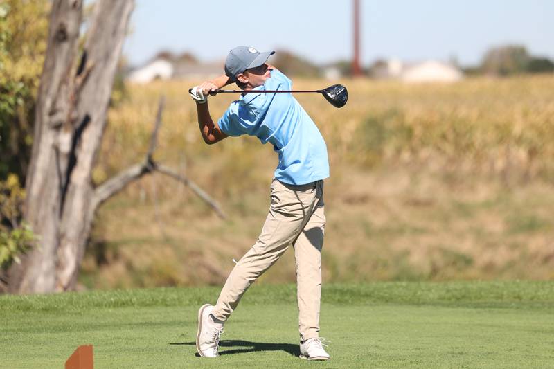 Nazareth’s Hugh Ascher tees off the seventh hole in the Class 2A Lemont Boys Golf Sectional on Monday, Oct. 7, 2024 at Wedgewood Golf Course in Lemont.