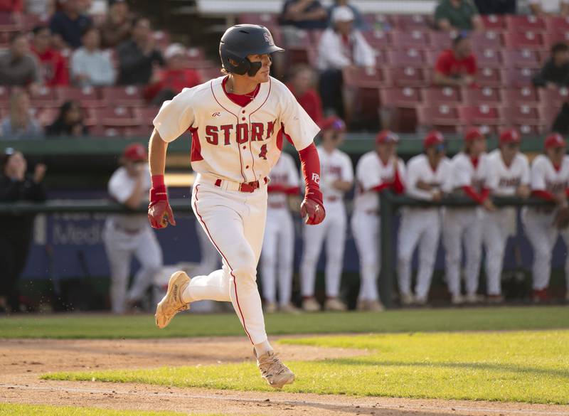 South Elgin's Jake Sparacino runs to first base during the boys baseball Class 4A Kane County Cougars Supersectional against McHenry on Monday, June 9, 2025 at Northwestern Medicine Field in Geneva. Ryan Rayburn for Shaw Local