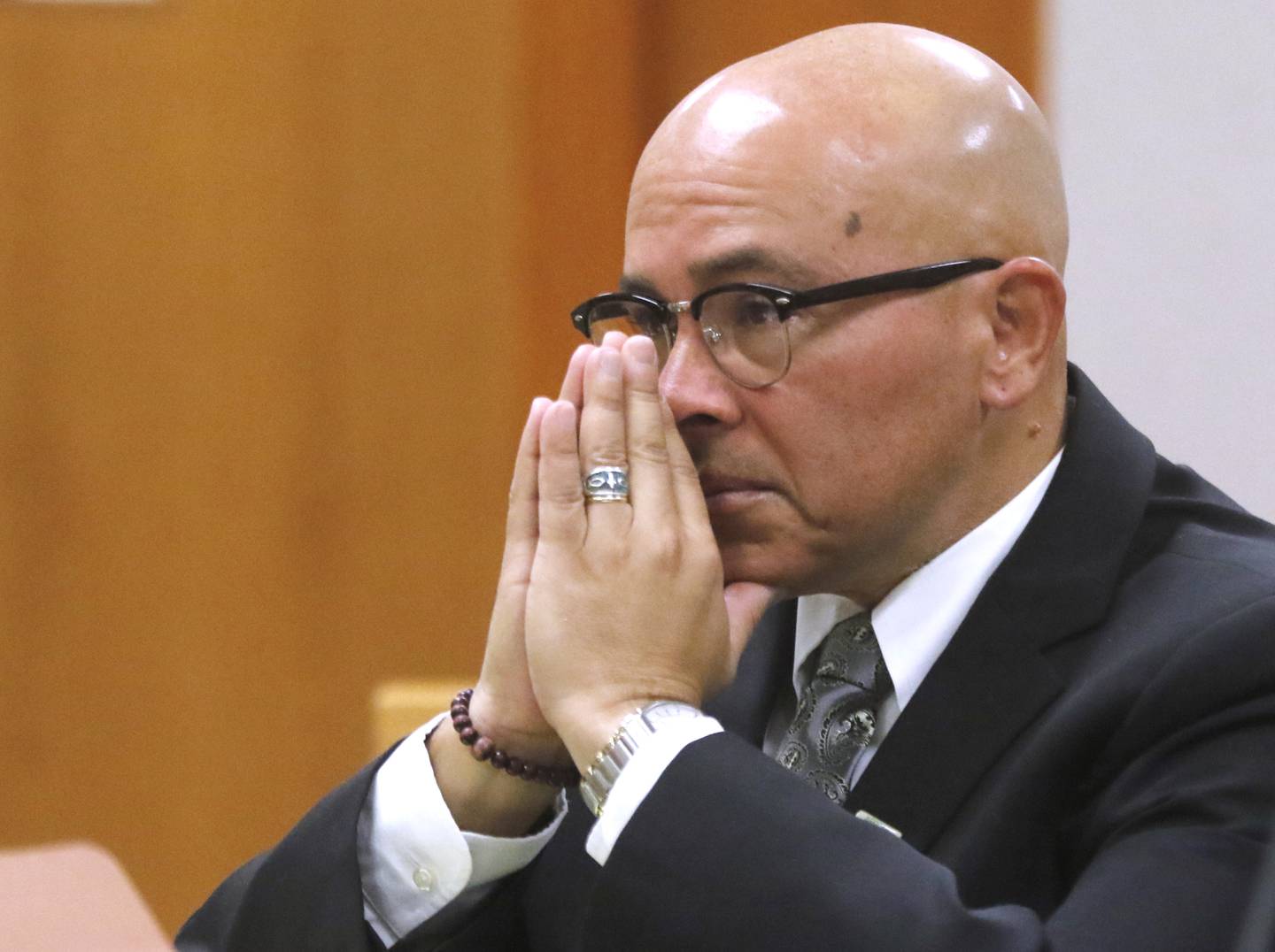 Carlos Acosta waits for his trial to start before Lake County Judge George Strickland on Monday, Sept. 11, 2023, in the McHenry County courthouse. Former Illinois Department of Children and Family Services employees, Acosta, 57, of Woodstock, and Andrew Polovin, 51, of Island Lake, are each charged with two counts of endangering the life of a child and health of a minor, Class 3 felonies, and one count of reckless conduct, a Class 4 felony, related to their handling of the AJ Freund case.