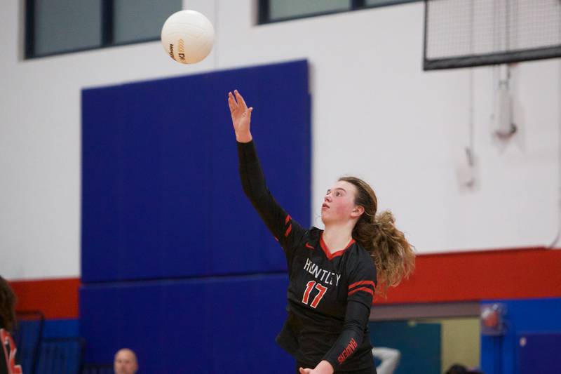 Huntley's Georgia Watson with the serve against Barrington at the Class 4A Super Sectional Final on Friday, Nov. 4,2022 in Dundee.