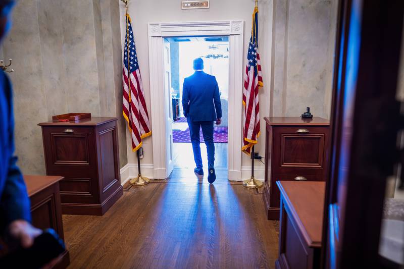 Senate Majority Leader John Thune, R-S.D., walks to his private office after speaking to reporters about a stopgap funding bill to reopen the government through Jan. 30, 2026, at the Capitol in Washington, Monday, Nov. 10, 2025. (AP Photo/J. Scott Applewhite)