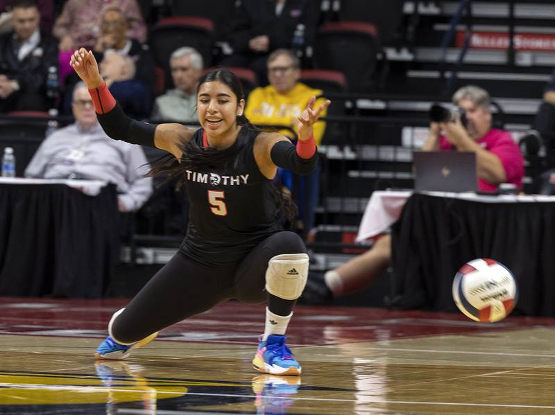 Timothy Christian's Miriam Pozdol-Niego is late on a hard shot against El Paso-Gridley Saturday, Nov. 16, 2024, in the Class 2A third place state volleyball match at CEFCU Arena in Normal.