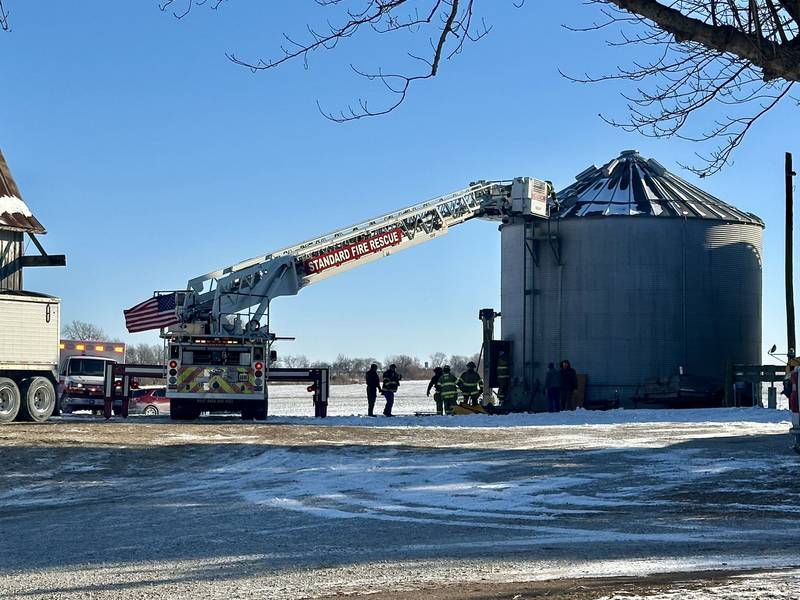 Emergency personnel respond to a grain bin entrapment incident on a farm south of Granville on Monday, Jan. 26, 2026. Two OSF HealthCare lifeflight helicopters were dispatched to assist with the rescue operation. Residents were advised to avoid the area during emergency response efforts.