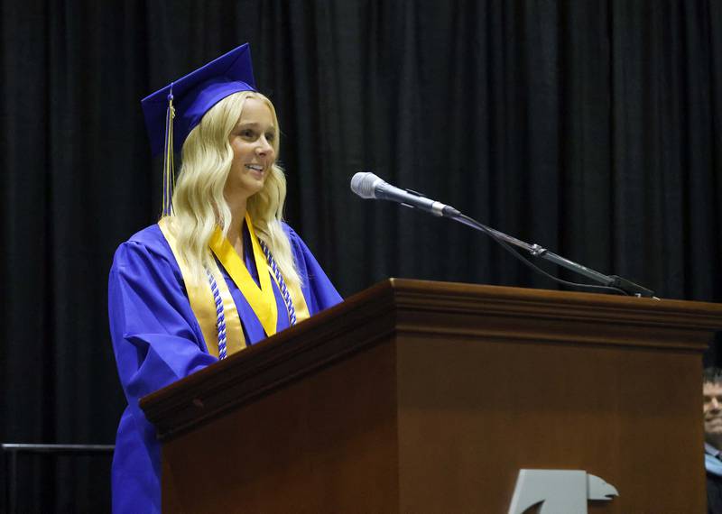 Wheaton North High School graduate and student council president Delaney Louise Ingbreston delivers her welcome speech during graduation ceremony Saturday, May 25, 2024 in the Physical Education Center of College of DuPage in Glen Ellyn.