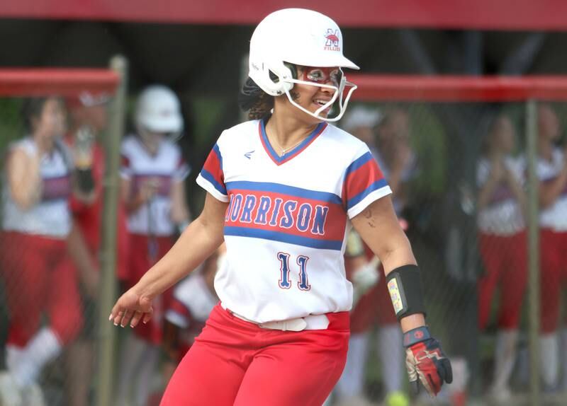 Morrison’s Kiyah Wolber scores against Marengo in IHSA Class 2A Sectional Semifinal softball action at Marian Central High School in Woodstock on Thursday, May 29, 2025.