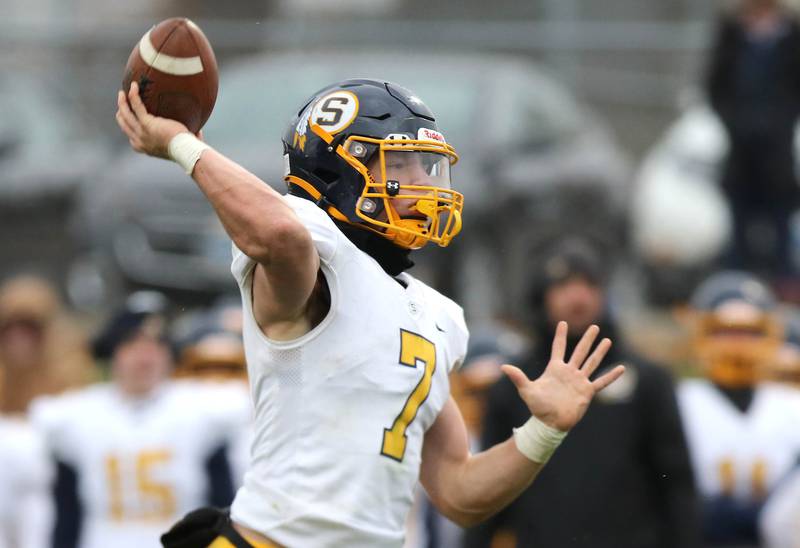 Sterling's Kael Ryan throws a pass during their Class 5A state playoff game Saturday, Nov. 12, 2022, at Sycamore High School.