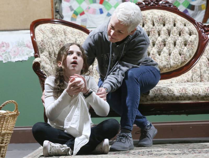 Helen Keller, played by Piper Mitchell and Aunt Ev, played by Karen Lesman, rehearse a scene during "The Miracle Worker" on Thursday, March 21, 2025 at Stage 212 in La Salle.
