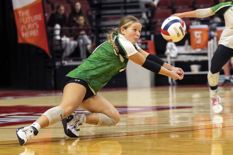 Rock Falls’ Sophia Moeller lunges for a ball against Breese Mater Dei in the 2A state semifinal Friday, Nov. 10, 2023 at CEFCU Arena in Normal.