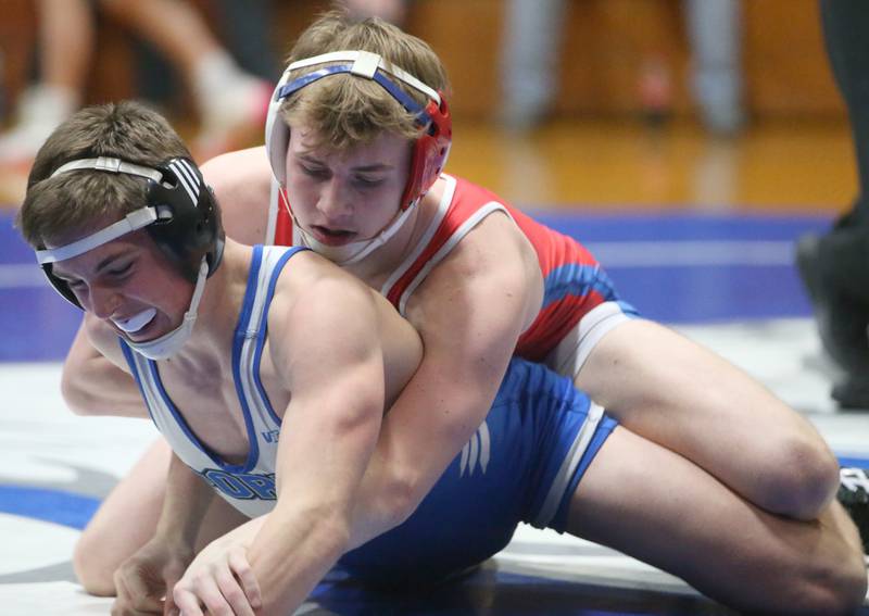 Morrison's Karder White wrestles McLean's Bentley Wise during the 60th annual Lyle King invitational wrestling tournament on Saturday, Jan. 6, 2023 in Princeton.