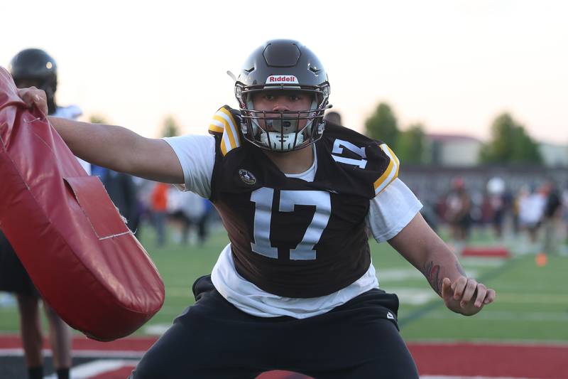 Joliet Catholic’s Frankee works on defensive drills at the IHSA Southwest Suburb Showcase combine on Thursday, May 7, 2026 at Plainfield North High School.