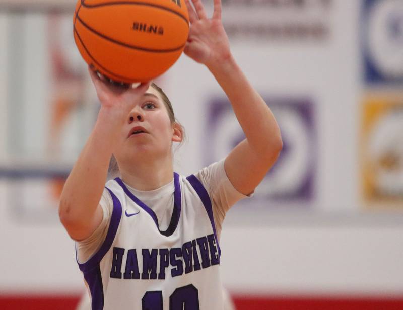 Hampshire’s Peyton McCarthy takes a shot against South Elgin in varsity girls basketball Komaromy Classic tournament  action on Monday, Dec. 29, 2025, at Dundee-Crown High School in Carpentersville.