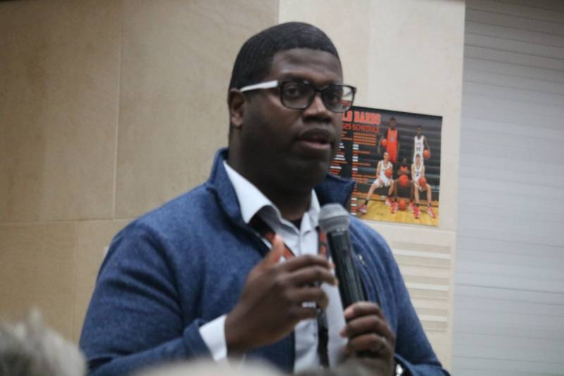 Mitchell Elementary School Principal Maurice McDavid offers remarks Jan. 9, 2025, at a community conversation held at DeKalb High School.