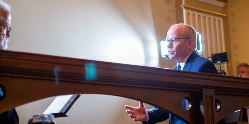 Senate President Don Harmon, D-Oak Park, sits for an interview with Illinois Lawmakers’ host Jak Tichenor on Thursday, May 22, 2025.