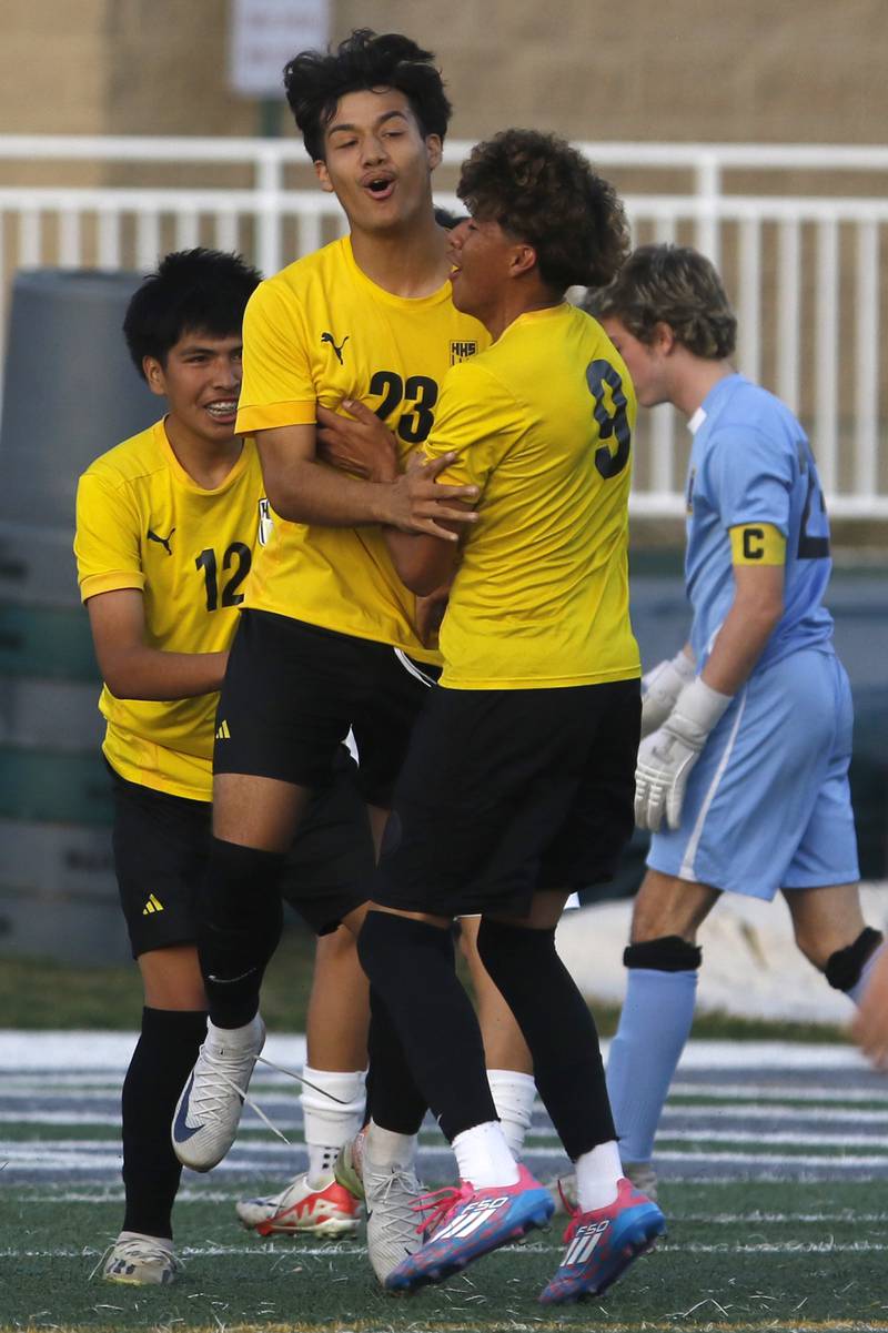 Harvard's Eric Valdez celebrates his goal with teammate, Bryan Gorostieta during the IHSA Boys Soccer 2A Grayslake Central Sectional semifinal match against Wauconda on Tuesday, Oct. 29, 2024, at Grayslake Central High School,