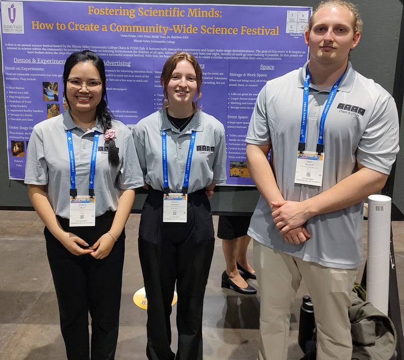 IVCC students (from left) Emily Tran, Violet Krider and Odin Klotz introduced the popular SciFest community science festival to an audience of chemistry and STEM students from across the country at the American Chemical Society national meeting in San Diego, California.