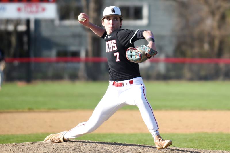 Bradley-Bourbonnais' Mason Shaul throws a pitch during a home game against Homewood-Flossmoor Friday, April 11, 2025.
